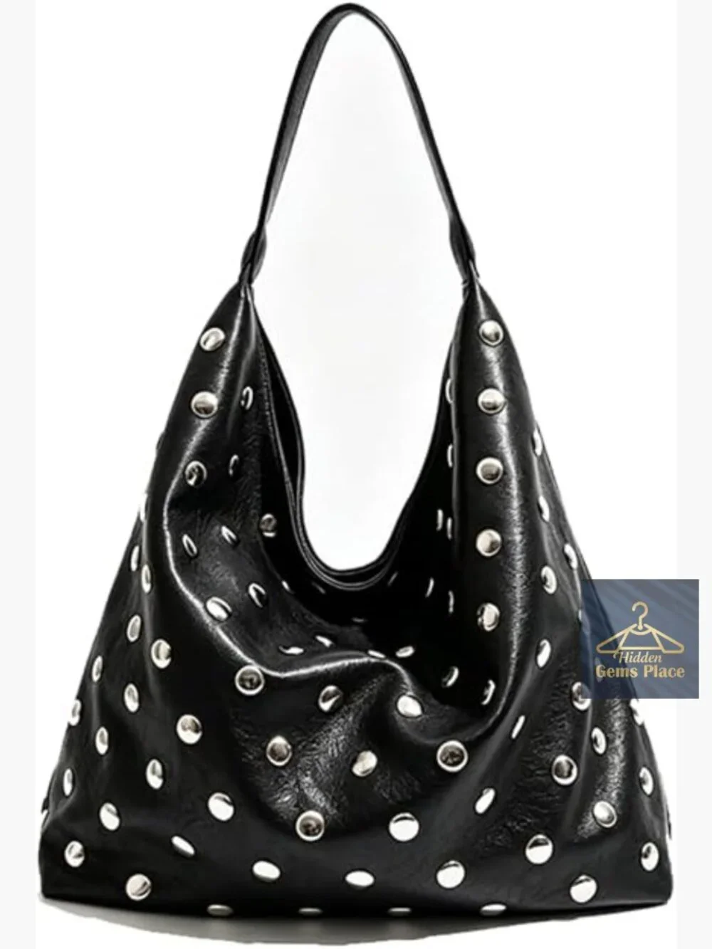 Studded Vegan Leather Hobo Tote Bag, Edgy Punk Slouchy Shoulder Handbag